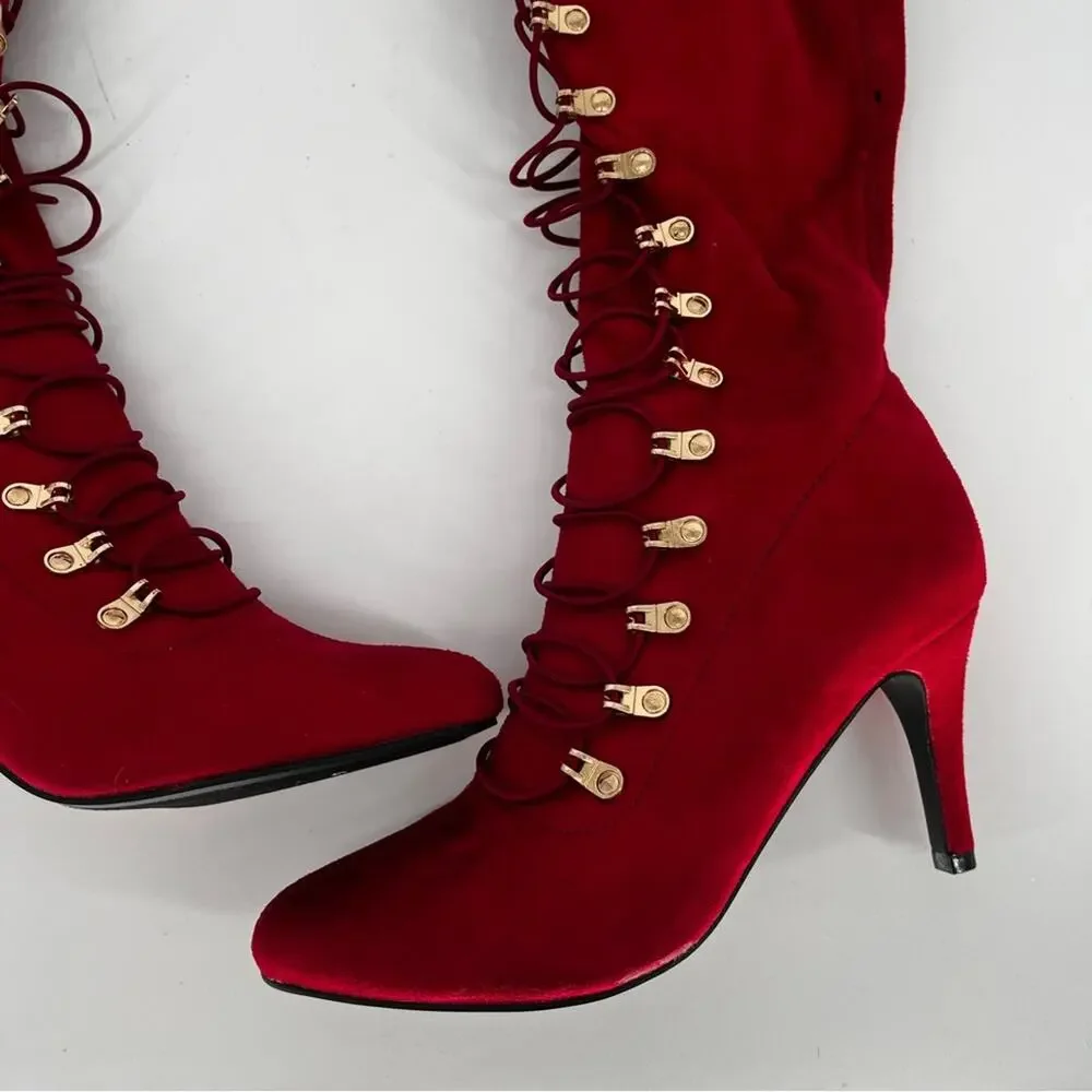 Journee Collection Trill Knee High Boot Red Faux Suede - Size 7